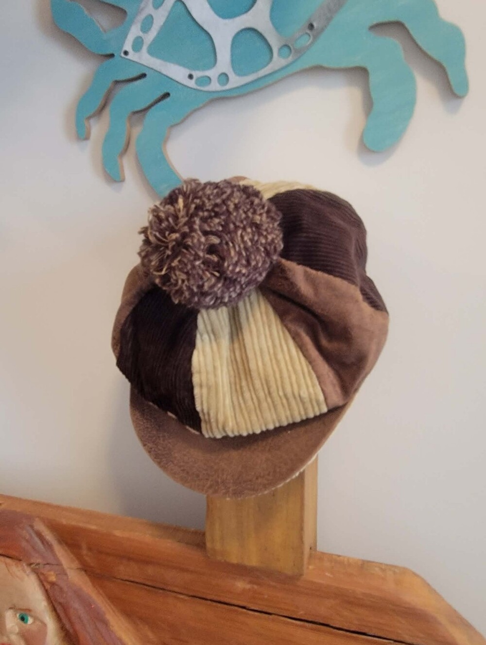 Vintage Look JCT Corduroy Patchwork Newsboy Cap w/Yarn Pom Pom - Picture 3 of 15